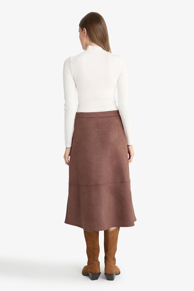 DeFacto Brown Woman Wrap Suede Midi Skirt Casual - Image 4